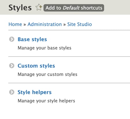 site studio admin interface dropdown with three options