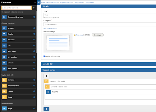 acquia site studio admin interface with four fields and  and a panel on right - Acquia Site Studio